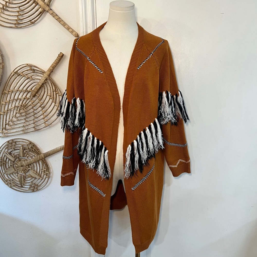 ANDTHEWHY Rust Orange Fringe Longline Western Boho Cardigan M/L ATW14226 - Picture 2 of 10